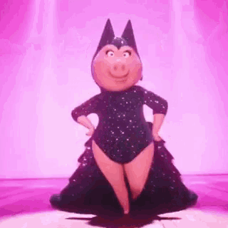 a cartoon pig is wearing a black leotard and a black dress .
