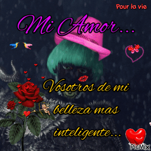 a picture of a woman wearing a pink hat with the words mi amor