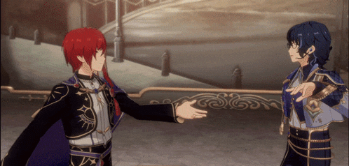 two anime characters standing next to each other with one holding out his hand