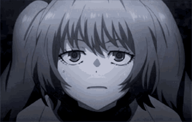 a black and white drawing of a girl with pigtails and a serious look on her face .