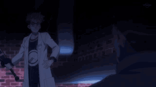 a man in a lab coat stands in front of a brick wall with a clock on his shirt