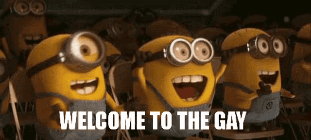 a group of minions are standing next to each other in a classroom and saying `` welcome to the gay '' .