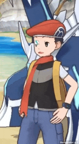 a boy wearing a hat and scarf is standing next to a pokemon in a video game .