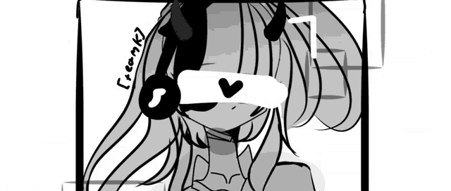 a black and white drawing of a girl with headphones and a heart on her eye