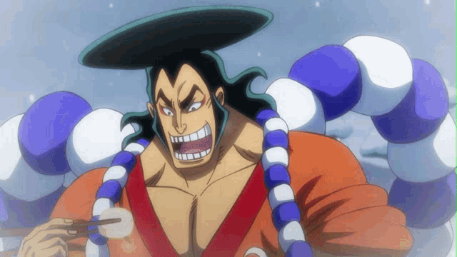 a cartoon character with a hat and a necklace is eating something