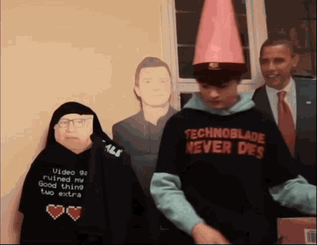 a man wearing a technoblade never dies shirt stands in front of a picture of barack obama