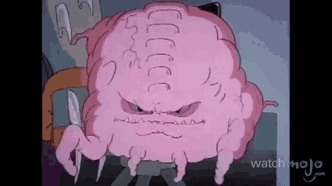 a cartoon of a pink brain with sharp teeth and a very angry face .