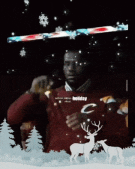 a picture of lebron james with snowflakes and reindeer on it