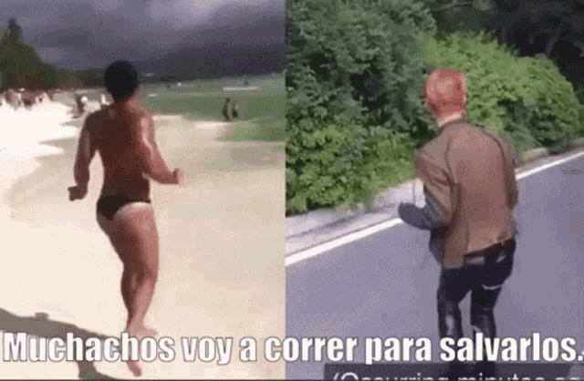 a woman in a bikini is running on the beach and a man in a brown jacket is running on the road