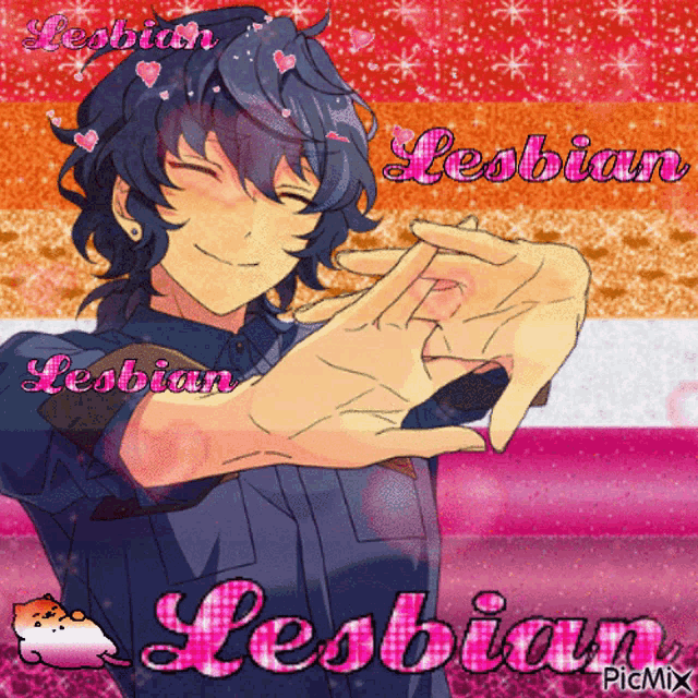 a picture of a person making a heart with their hands and the words lesbian on the bottom right