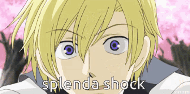 a close up of a blonde anime character with the words splenda shock on the bottom