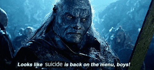 a man with long hair and a sword says looks like suicide is back on the menu boys
