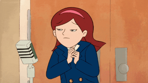 a cartoon girl with red hair is standing in front of a door and a microphone
