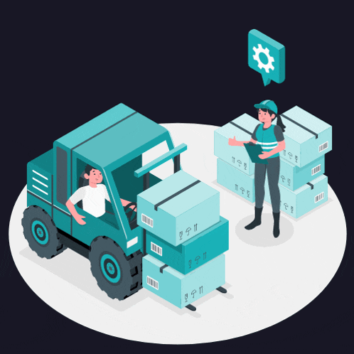 an illustration of a man driving a truck and a woman standing next to a pile of boxes