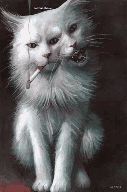 a painting of a cat with a cigarette in its mouth
