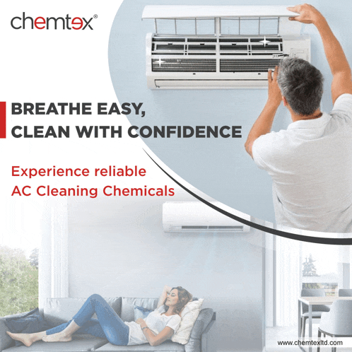 a man is cleaning an air conditioner while a woman is laying on a couch