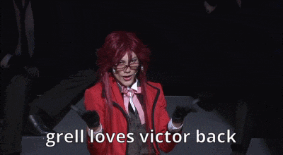 a man in a red jacket with the words " grell loves victor back " above him