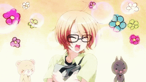 a boy with glasses is standing in front of a bunch of flowers and a cat .