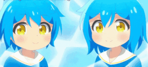 two anime characters with blue hair and yellow eyes
