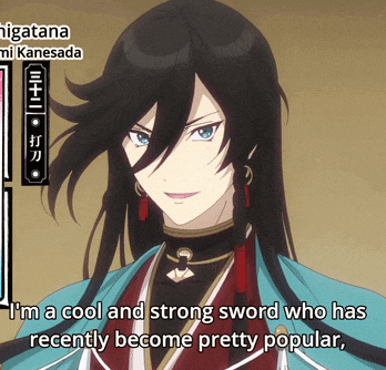 a picture of a man with long black hair and the words i 'm a cool and strong sword who has recently become