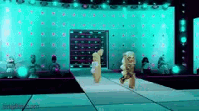 two teddy bears are walking down a runway in front of a stage .