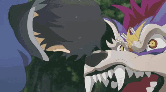 a cartoon drawing of a wolf and a man with a purple and yellow hair