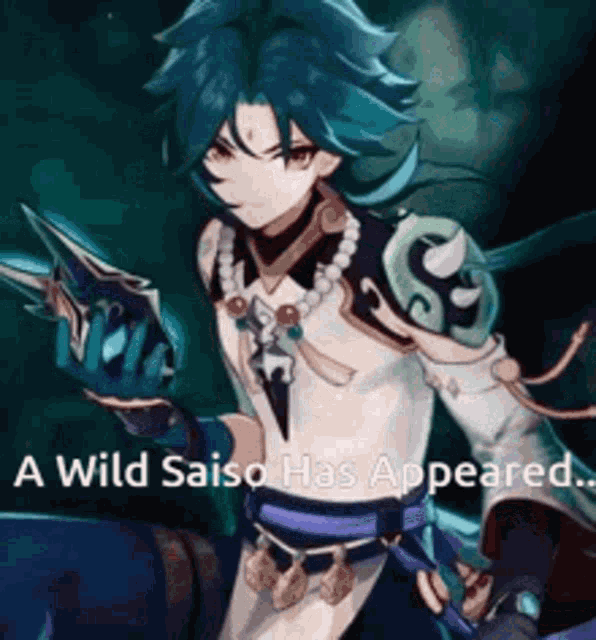 a man with blue hair is holding a sword in his hands .