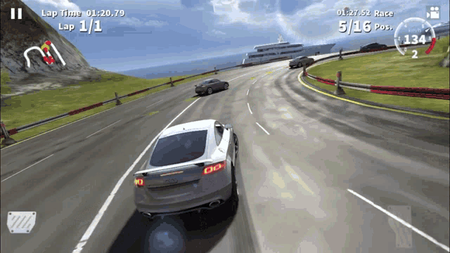a car is driving down a road with the lap time displayed