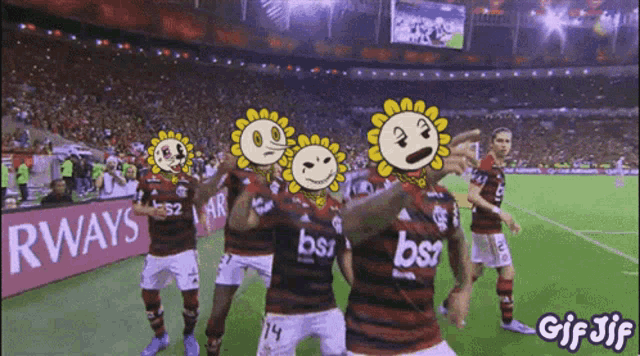 a group of soccer players wearing bsr jerseys are dancing in a stadium