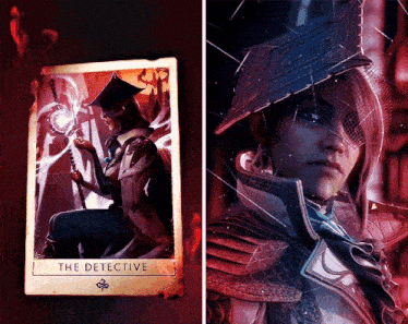 a tarot card shows a man holding a sword and the word " the detective " on it