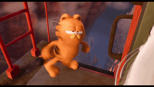 a cartoon character named garfield is standing on a staircase