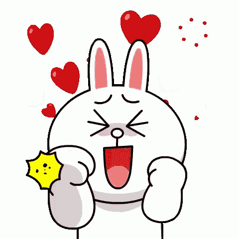 a cartoon rabbit is surrounded by red hearts .