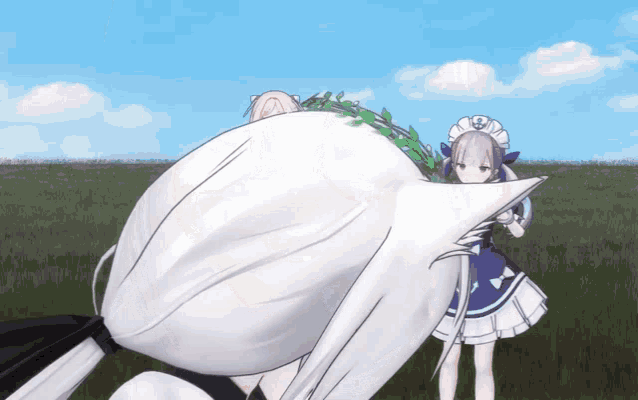 a girl with purple hair is standing next to a large white bird