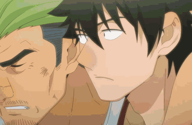 a man with green hair is whispering into the ear of another man