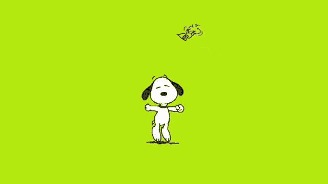 a cartoon drawing of snoopy and woodstock on a green background