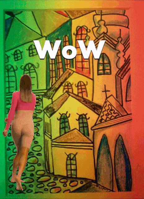 a woman in a pink top stands in front of a drawing of buildings and the word wow