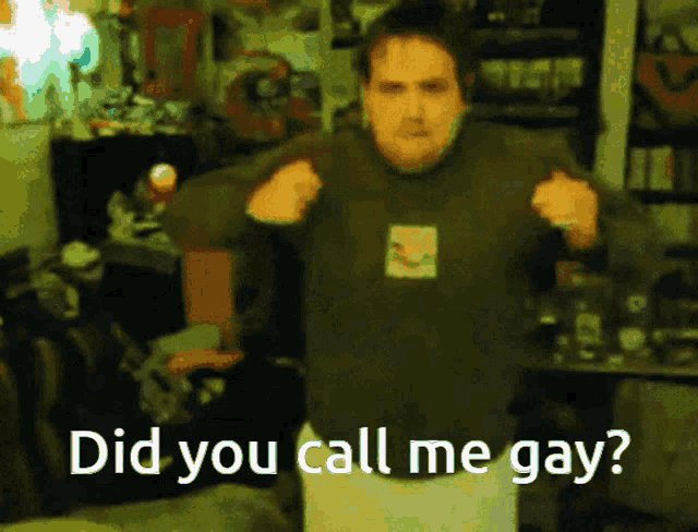 a man in a green sweater is asking if he is gay