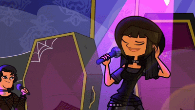 a cartoon of a girl singing into a blue microphone