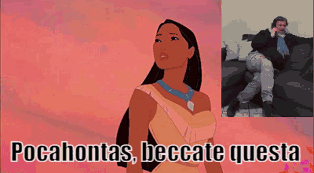 a cartoon of pocahontas and a man on a couch