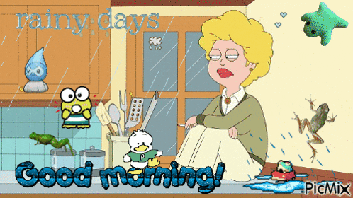 a cartoon of a woman sitting in the rain with the words " good morning " below her