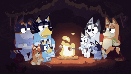a group of cartoon dogs are roasting marshmallows around a fire