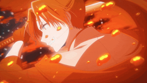 a close up of a person holding a sword with fire coming out of it