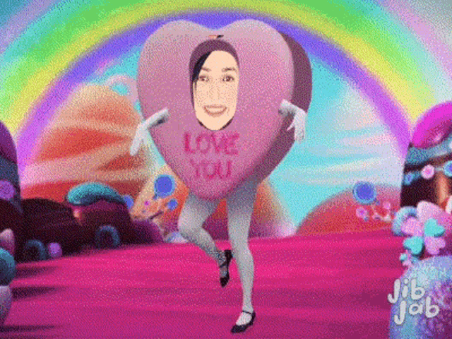 a woman is wearing a heart shaped costume that says love you