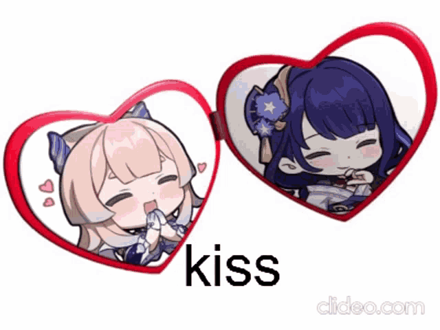 two heart shaped mirrors with two anime girls inside of them and the word kiss on the bottom