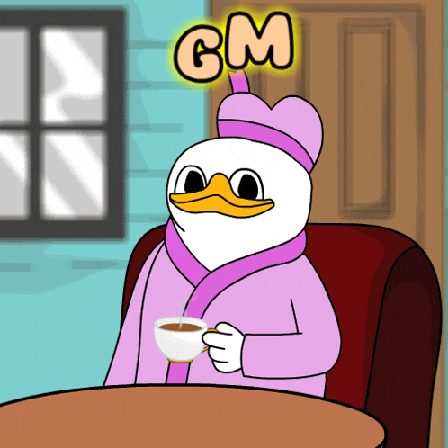 a cartoon of a duck in a robe holding a cup of coffee