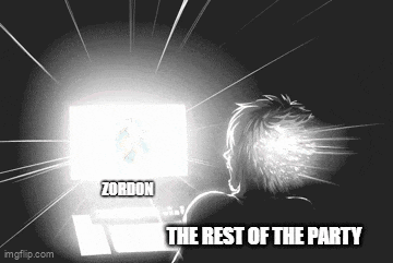 a man is sitting in front of a computer screen with the words zordon the rest of the party written on the screen .