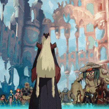 a cartoon of a woman standing in front of a group of people