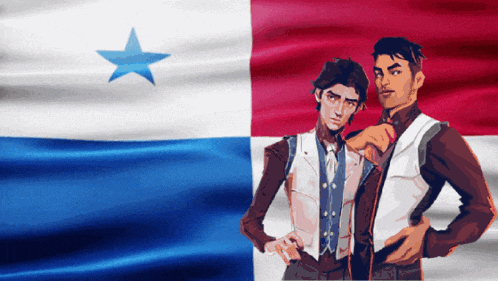 two men are standing in front of a flag with a blue star on it