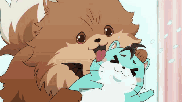 a brown dog is holding a blue cat with a smiley face