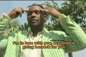 a man in a green and yellow striped jacket says i 'm in love with you